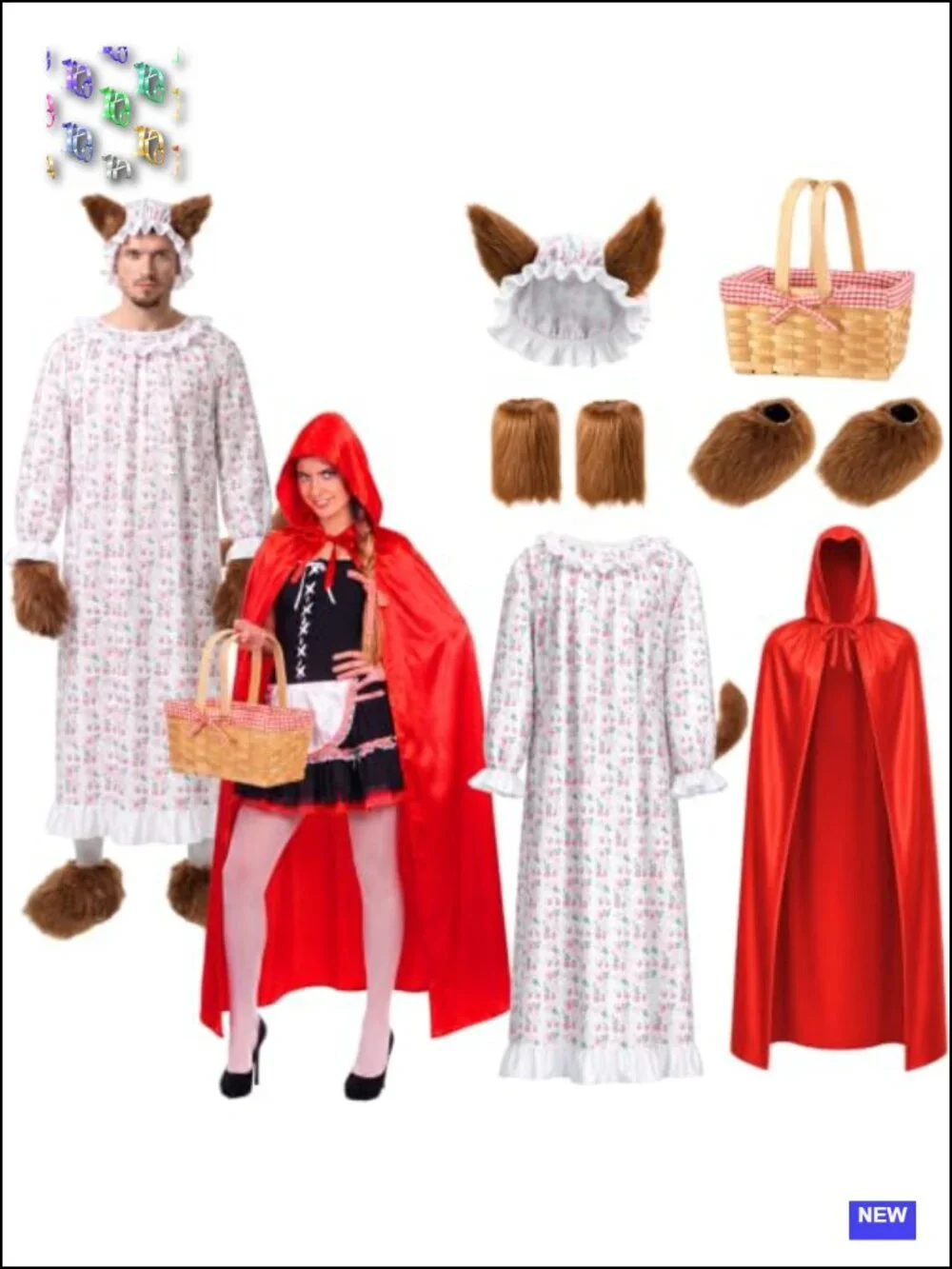 6 Piece Red Riding Hood Costume Set with Velvet Cape and Wolf Grandma Attire